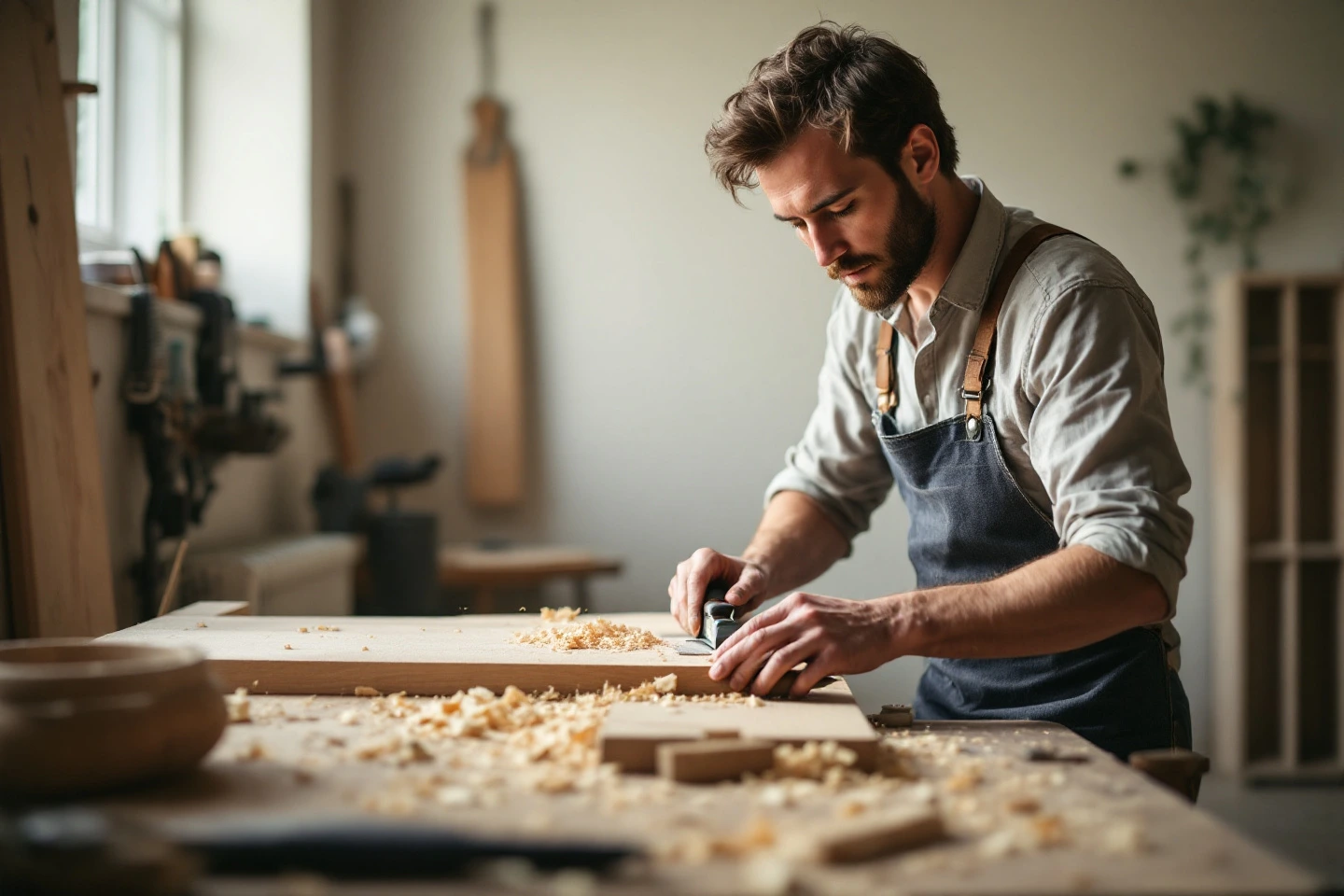 The studio workbench: oak being planed by hand in window light.